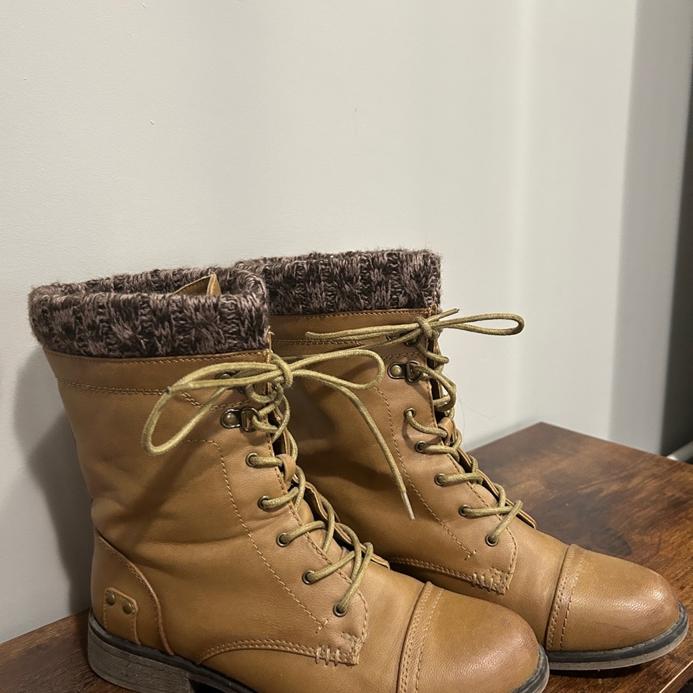 Tan Lace-Up Ankle Boots with Knit Cuff